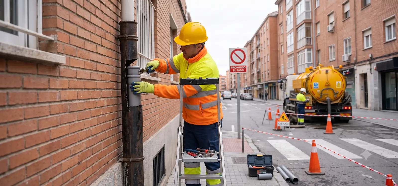 Técnico trabajando en una bajante